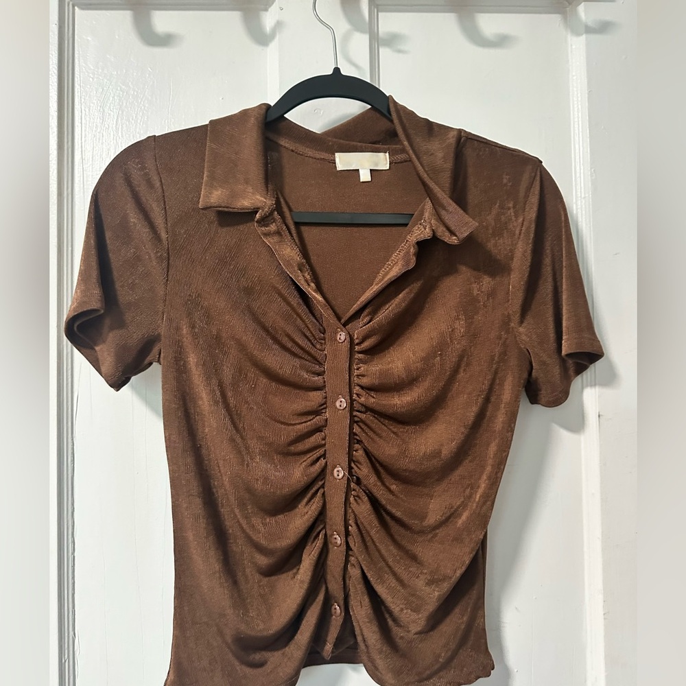 Brown sheer button up top with collar size Large